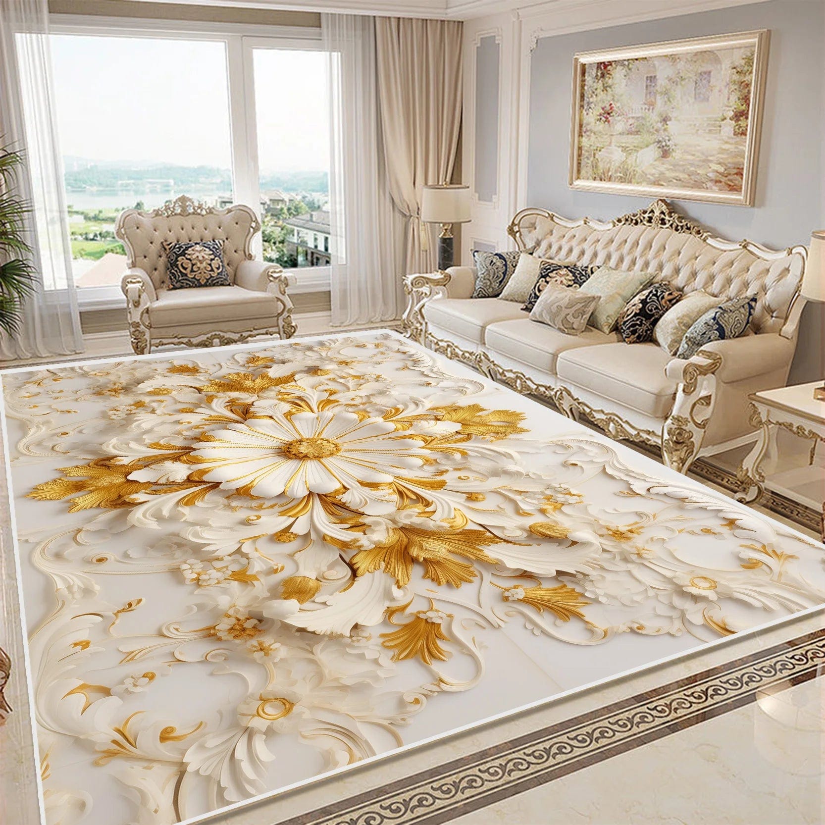 Canvanation OS4-Flannel-2 / 140x200cm 55x78.7in Tapis De Chambre - Fleurs Dorée 3D Luxe