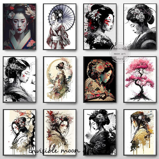 Canvanation Affiche Japonais d'une geisha en fleurs Sakura