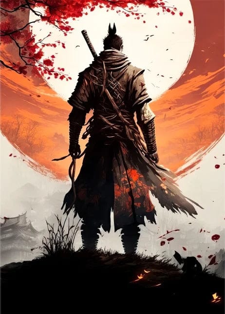 Canvanation Blue / 55x80cm Affiche Japonais Samurai Sakura Guerrier Coucher De Soleil