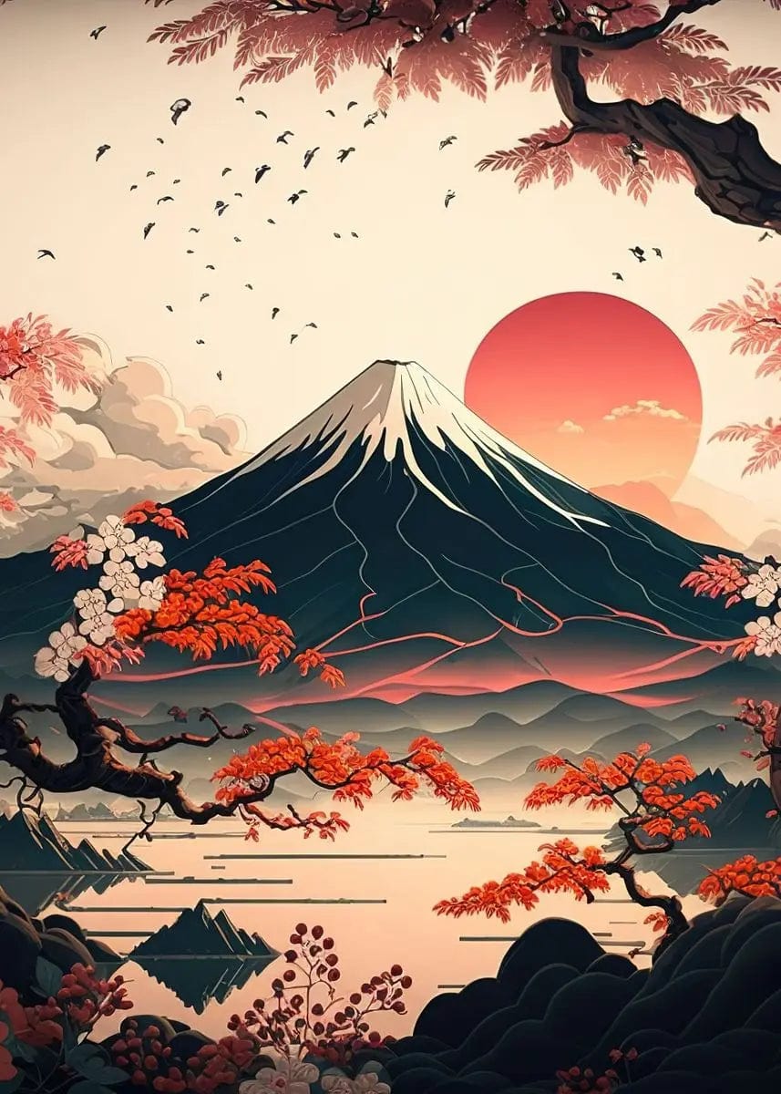 Canvanation 40X60cm / 4 Affiche Japonais Mural Moderne Sakura Et Mont Fuji