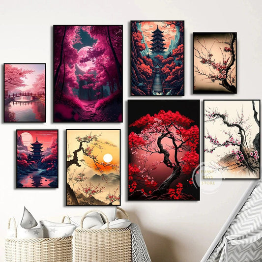 Canvanation Affiche Japonais Cerisiers En Fleurs Sakura Temple Japon Paysages Mont Fuji