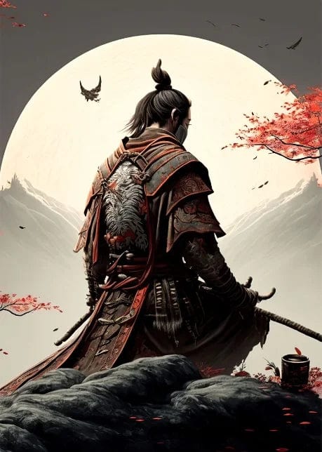 Canvanation PF21822 / 55x80cm Affiche Japonais Samurai Sakura Guerrier Coucher De Soleil