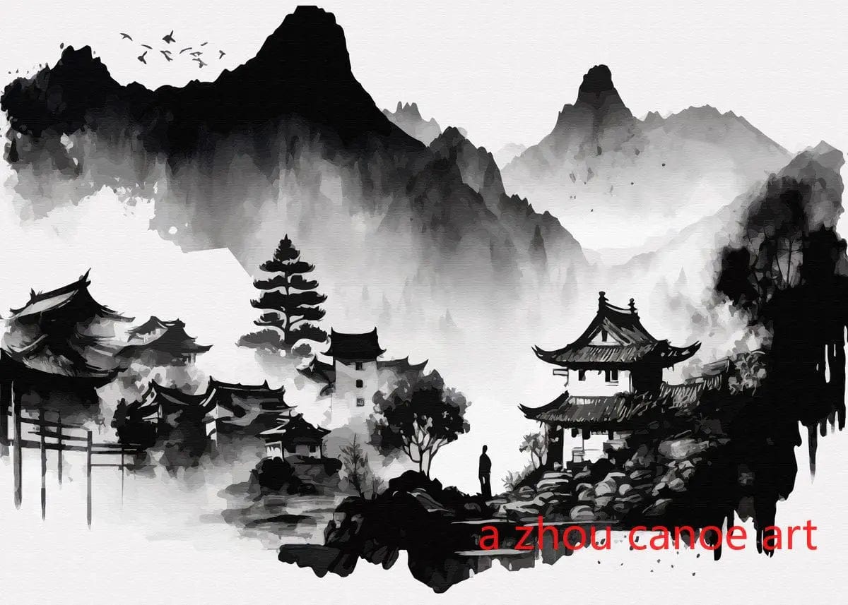 Canvanation 14 / 40X60cm Affiche Japonais Paysage Chinois Couple Oiseaux Forêt Montagne Rivière Poisson Carpe Koi