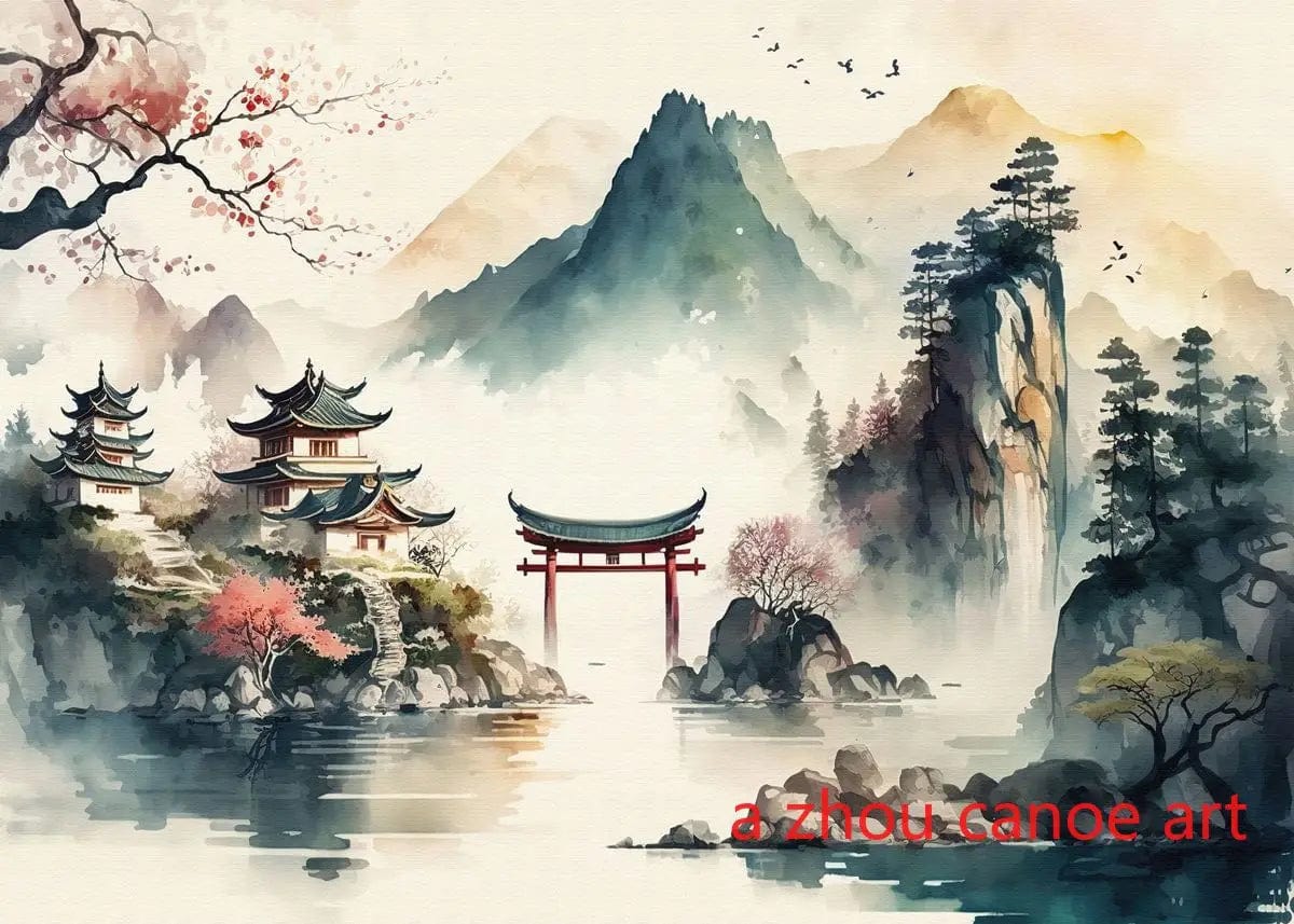 Canvanation 21 / 40X60cm Affiche Japonais Paysage Chinois Couple Oiseaux Forêt Montagne Rivière Poisson Carpe Koi