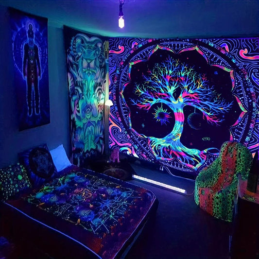 Canvanation Tapisserie Arbre de vie Soleil Lune Etoiles Galaxie Colorée Hippie Psychédélique