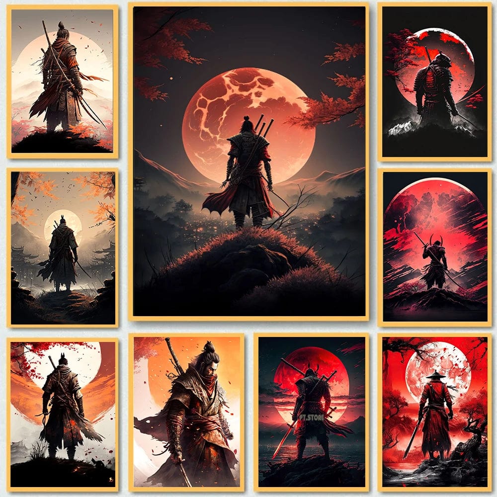 Canvanation Affiche Japonais Samurai Sakura Guerrier Coucher De Soleil