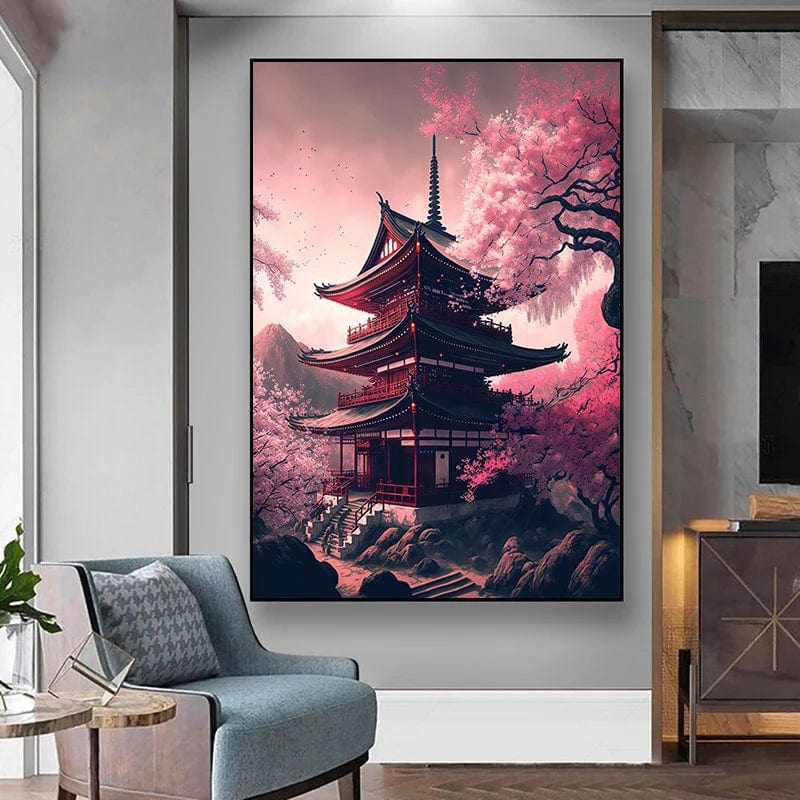 Canvanation Affiche Japonais Cerisier en fleur Sakura Lac Temple Japon
