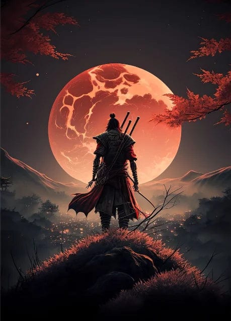 Canvanation Light Grey / 55x80cm Affiche Japonais Samurai Sakura Guerrier Coucher De Soleil
