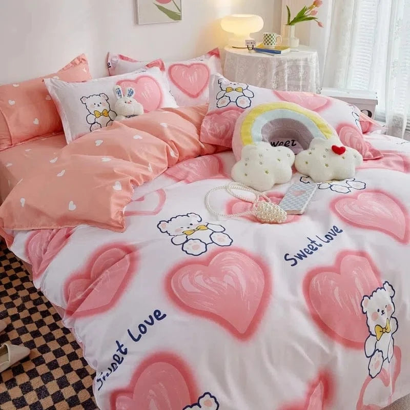 Canvanation Housse De Couette + Taies D'Oreillers + Drap De Lit - Coeurs Imprimés