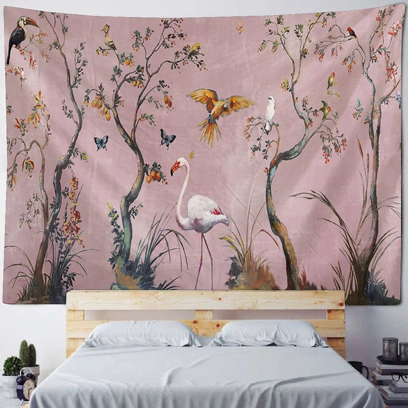 Canvanation Yellow / 230x180cm Tapisserie d'Art Jungle Oiseau – Scène Psychédélique
