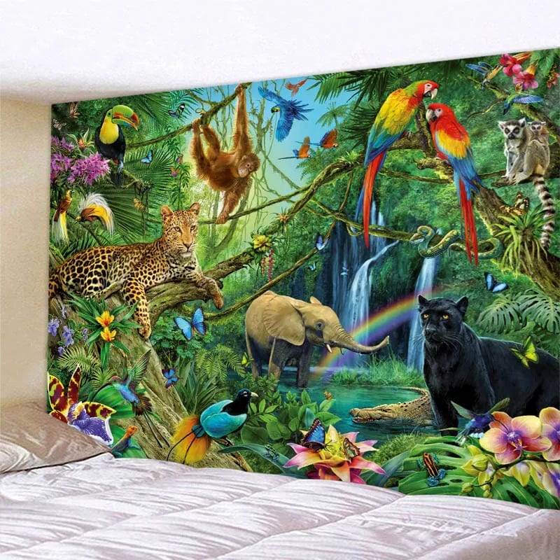 Canvanation DARK GRAY / 230x180cm Tapisserie d'Art Jungle Oiseau – Scène Psychédélique