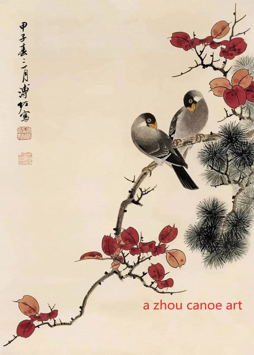 Canvanation 1 / 40X60cm Affiche Japonais Paysage Chinois Couple Oiseaux Forêt Montagne Rivière Poisson Carpe Koi