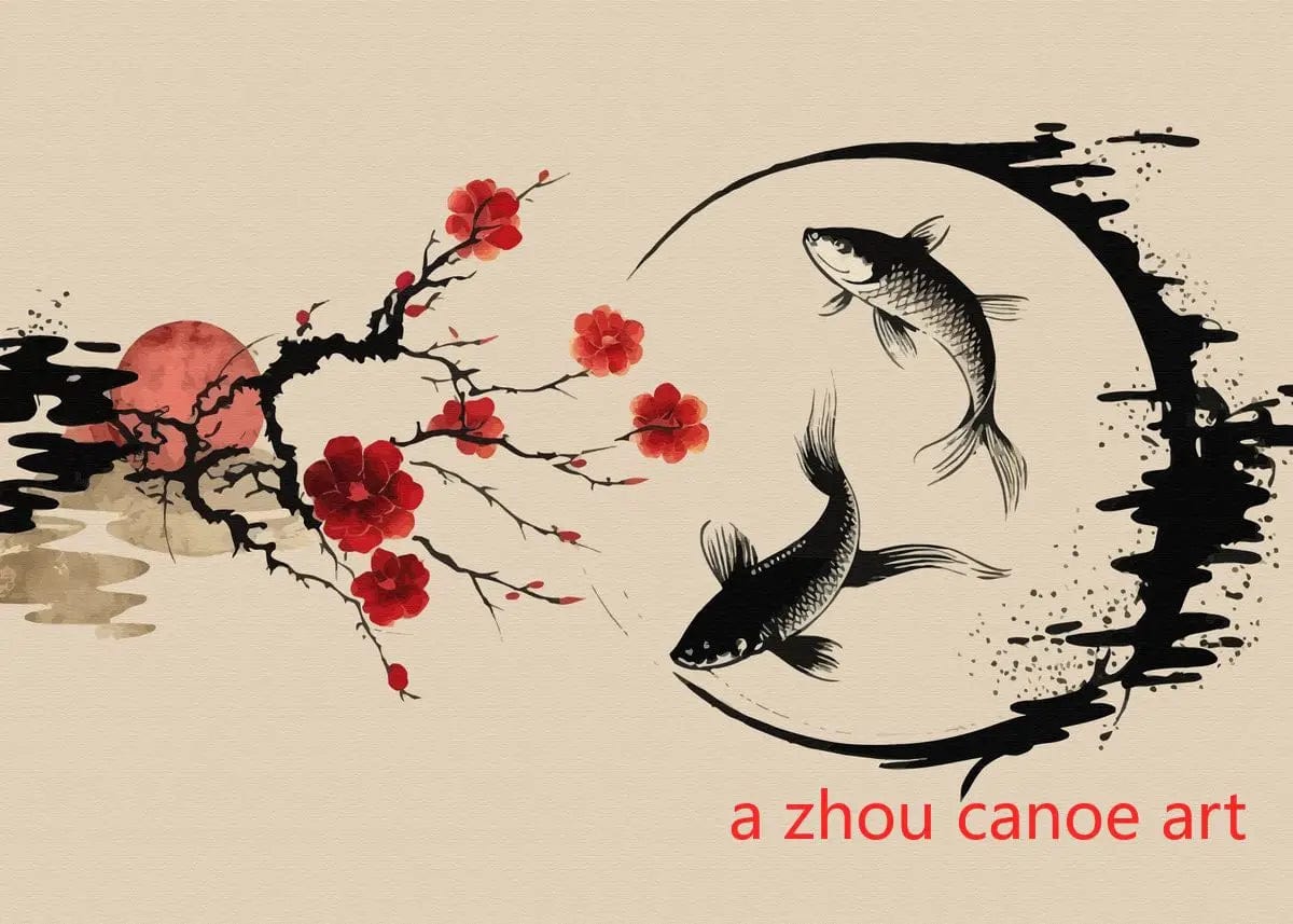 Canvanation 11 / 40X60cm Affiche Japonais Paysage Chinois Couple Oiseaux Forêt Montagne Rivière Poisson Carpe Koi