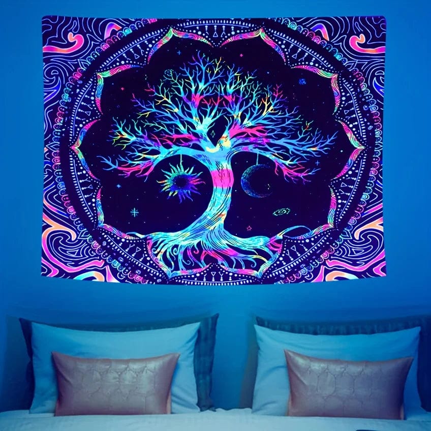 Canvanation Tapisserie Arbre de vie Soleil Lune Etoiles Galaxie Colorée Hippie Psychédélique