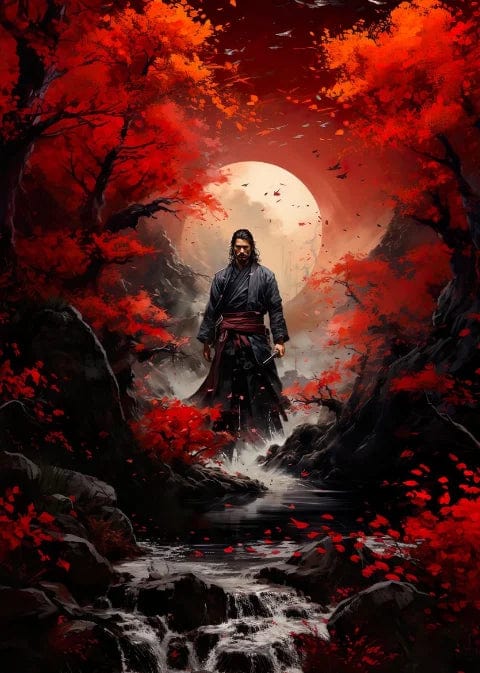Canvanation Light green / 55x80cm Affiche Japonais Samurai Sakura Guerrier Coucher De Soleil