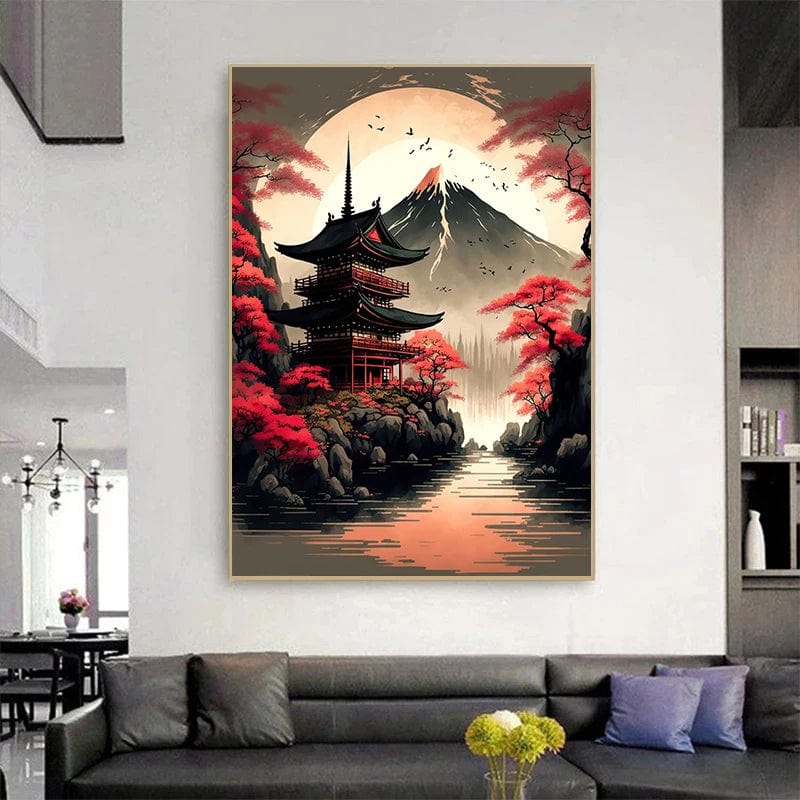 Canvanation Affiche Japonais Cerisier en fleur Sakura Lac Temple Japon