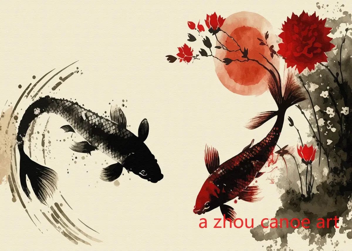 Canvanation 20 / 40X60cm Affiche Japonais Paysage Chinois Couple Oiseaux Forêt Montagne Rivière Poisson Carpe Koi
