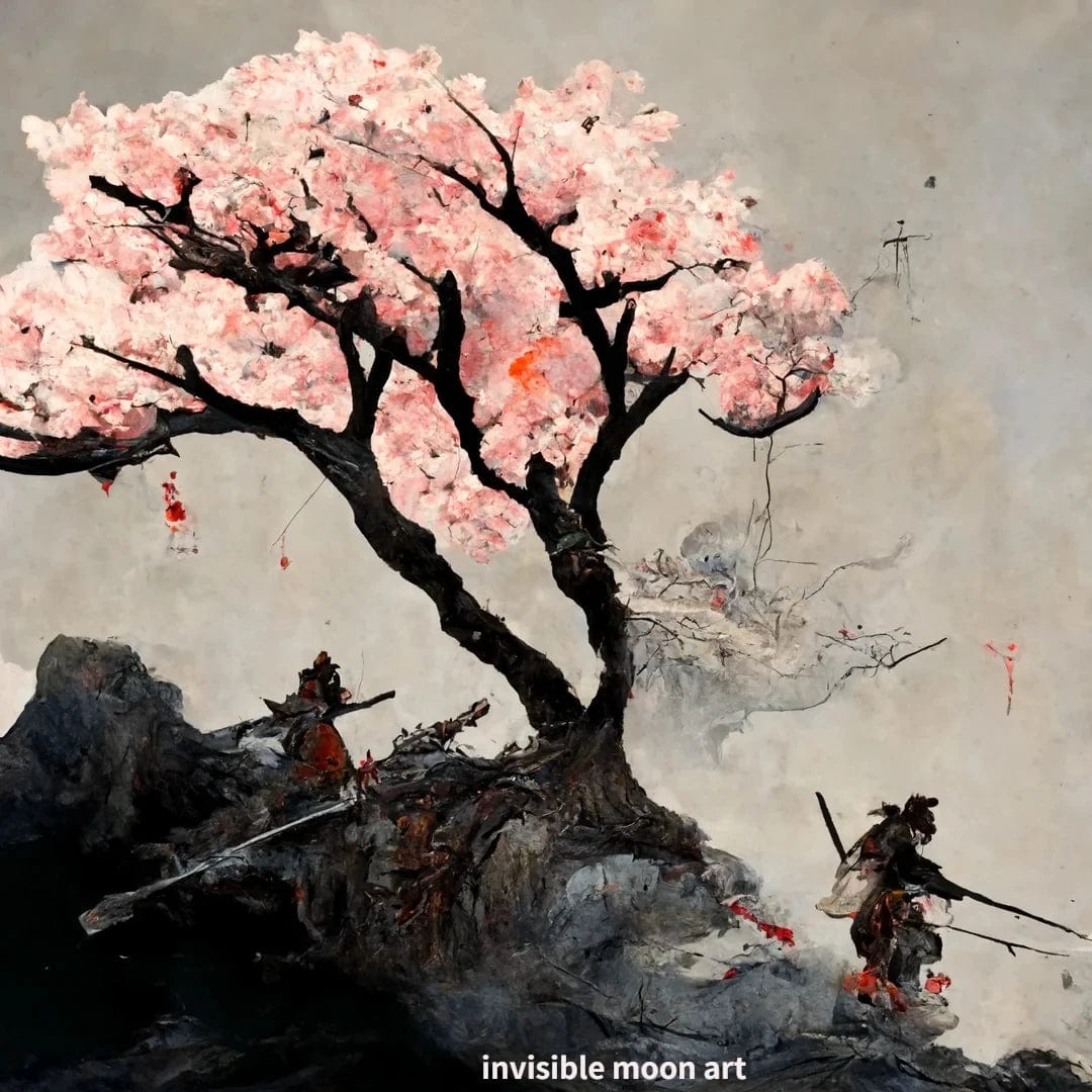 Canvanation 30x30cm / 1 Poster Japonais Samouraï japonais en fleurs de cerisier roses