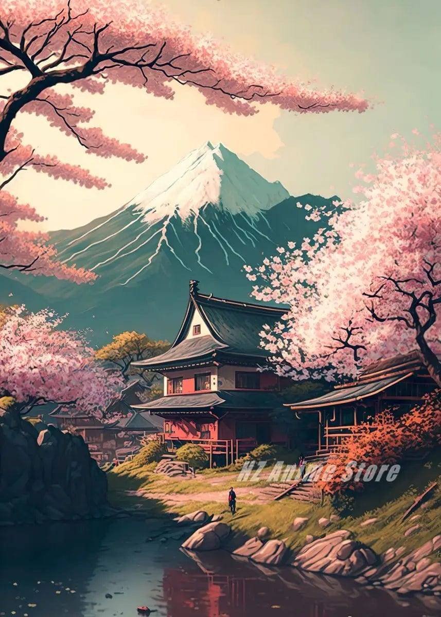 Canvanation Affiche Japonais Cerisier en fleur Sakura Lac Temple Japon