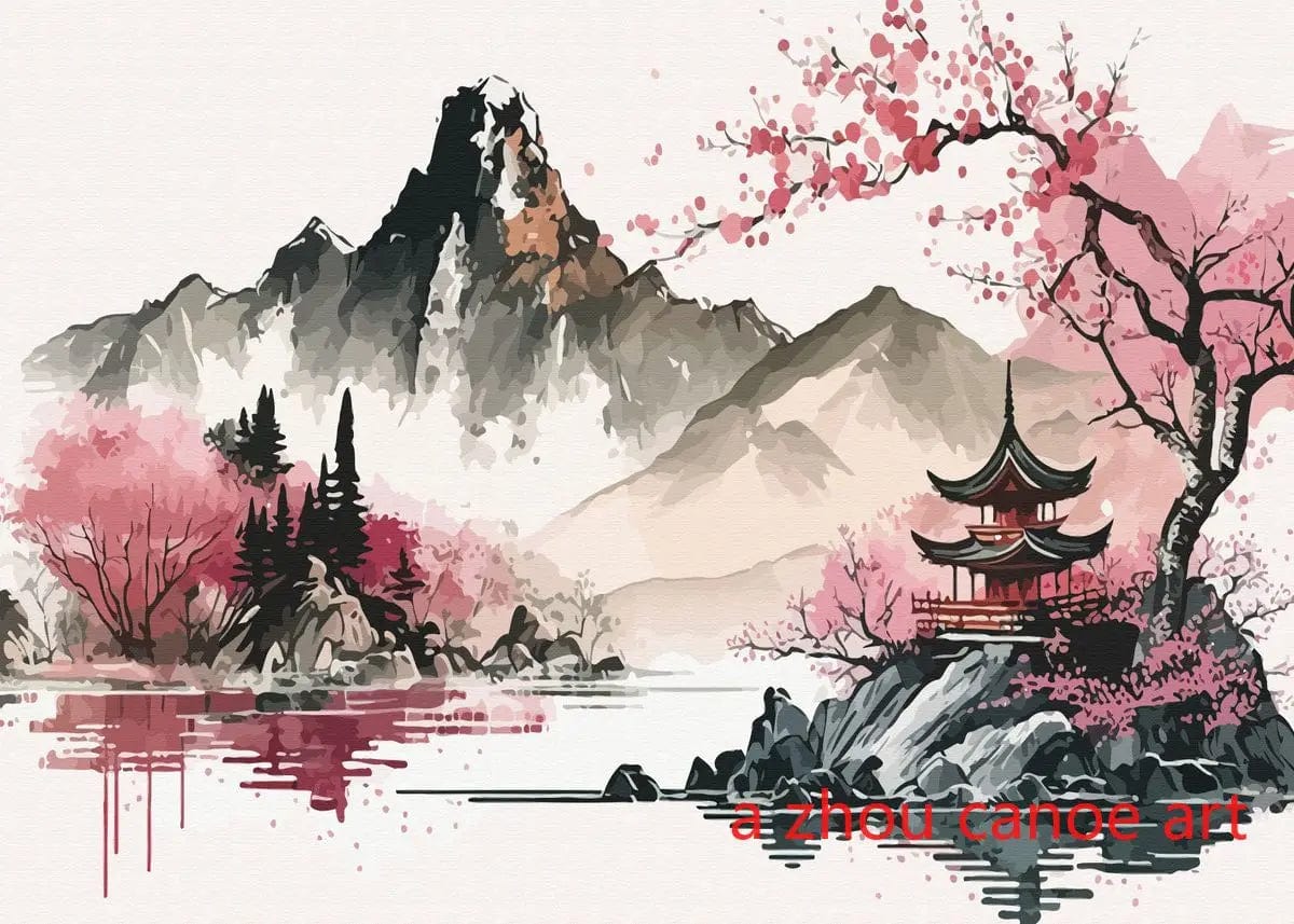Canvanation 17 / 40X60cm Affiche Japonais Paysage Chinois Couple Oiseaux Forêt Montagne Rivière Poisson Carpe Koi