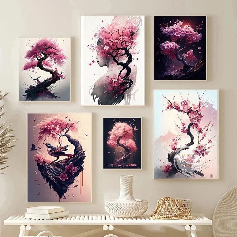 Canvanation Affiche Japonais Cerisiers En Fleurs Sakura Temple Japon Paysages Mont Fuji