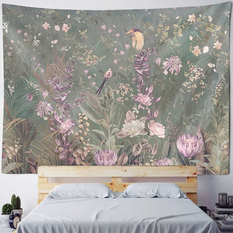 Canvanation WHITE / 150x100cm Tapisserie d'Art Jungle Oiseau – Scène Psychédélique