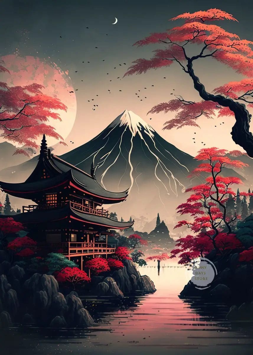 Canvanation 50X70cm / 24 Affiche Japonais Cerisiers En Fleurs Sakura Temple Japon Paysages Mont Fuji