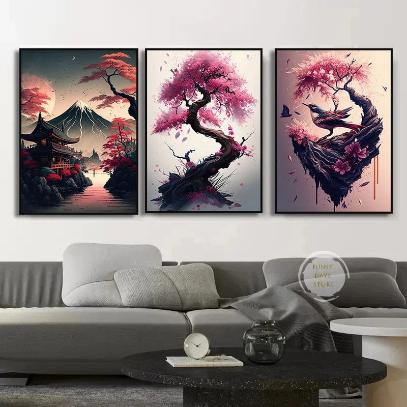 Canvanation Affiche Japonais Cerisiers En Fleurs Sakura Temple Japon Paysages Mont Fuji