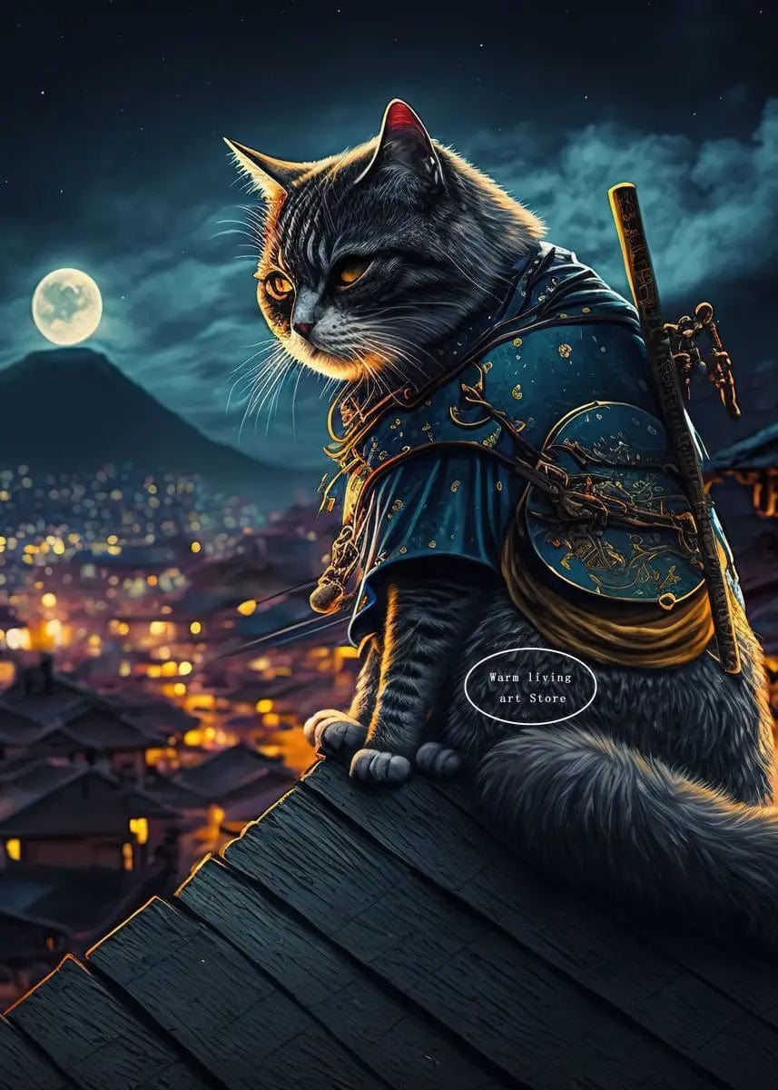 Canvanation 50X70cm / 16 Affiche Japonais Chat Samurai Katana Sakura