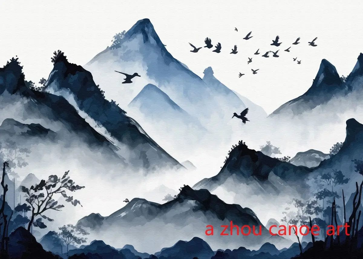 Canvanation 7 / 40X60cm Affiche Japonais Paysage Chinois Couple Oiseaux Forêt Montagne Rivière Poisson Carpe Koi