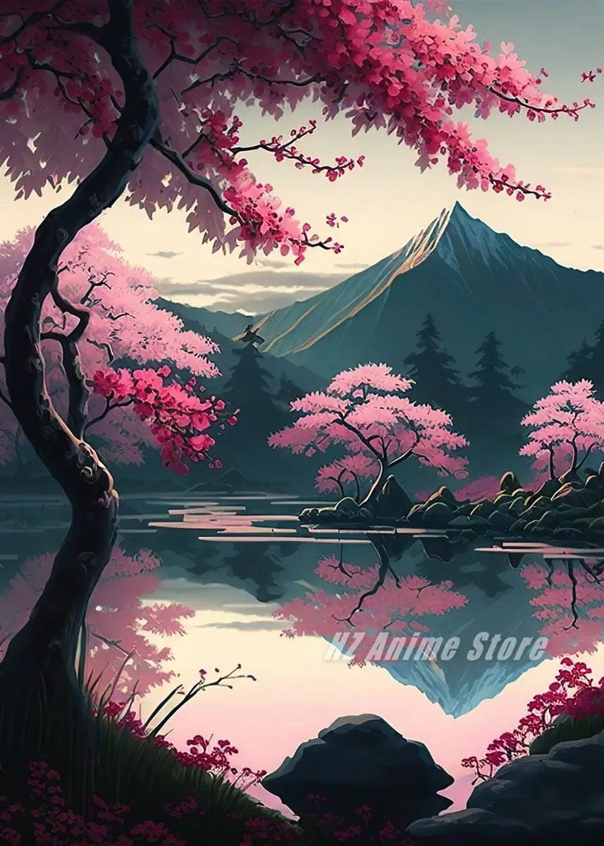 Canvanation Affiche Japonais Cerisier en fleur Sakura Lac Temple Japon