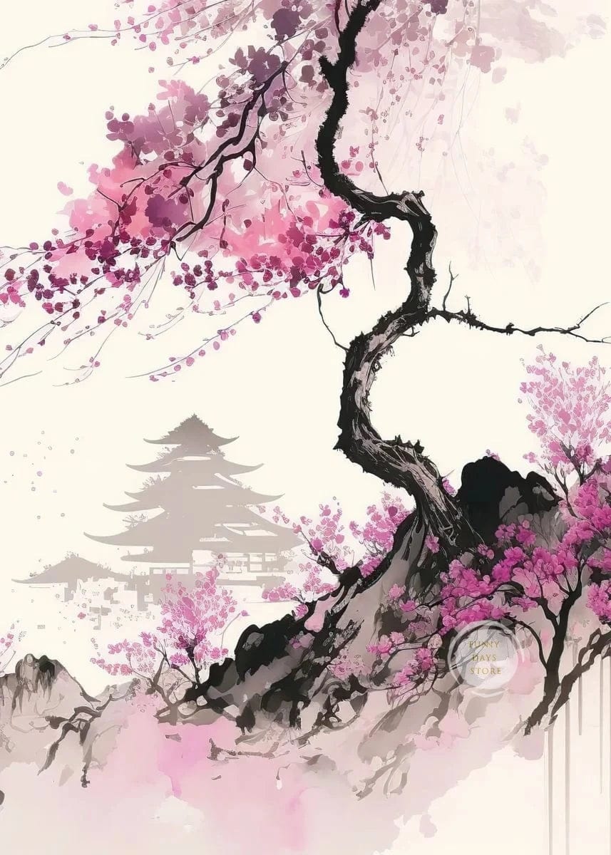 Canvanation 50X70cm / 20 Affiche Japonais Cerisiers En Fleurs Sakura Temple Japon Paysages Mont Fuji