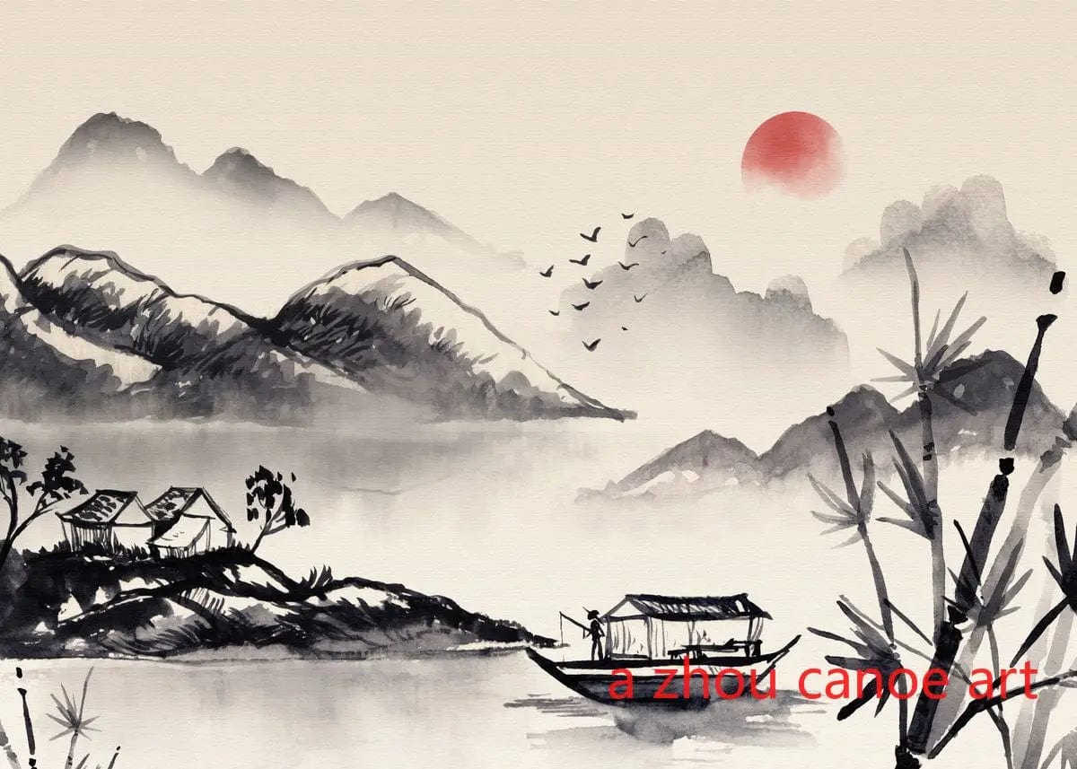 Canvanation 9 / 40X60cm Affiche Japonais Paysage Chinois Couple Oiseaux Forêt Montagne Rivière Poisson Carpe Koi