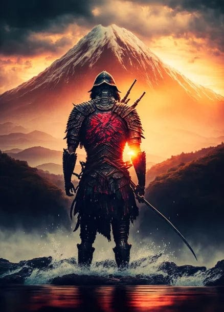 Canvanation DARK GRAY / 55x80cm Affiche Japonais Samurai Sakura Guerrier Coucher De Soleil