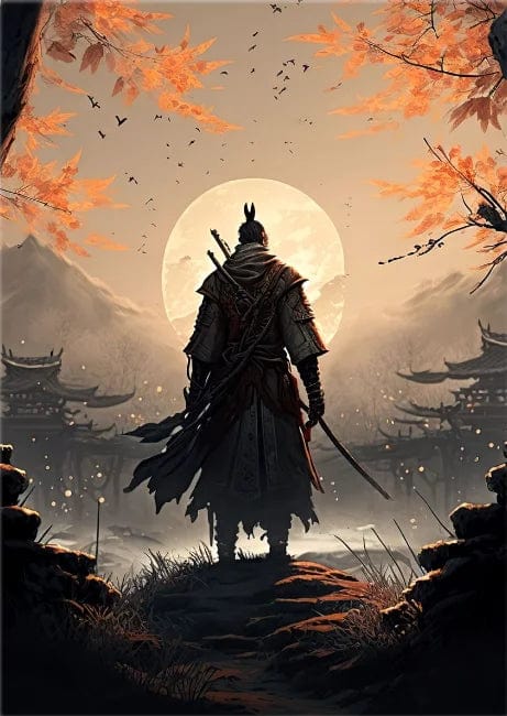 Canvanation PURPLE / 55x80cm Affiche Japonais Samurai Sakura Guerrier Coucher De Soleil
