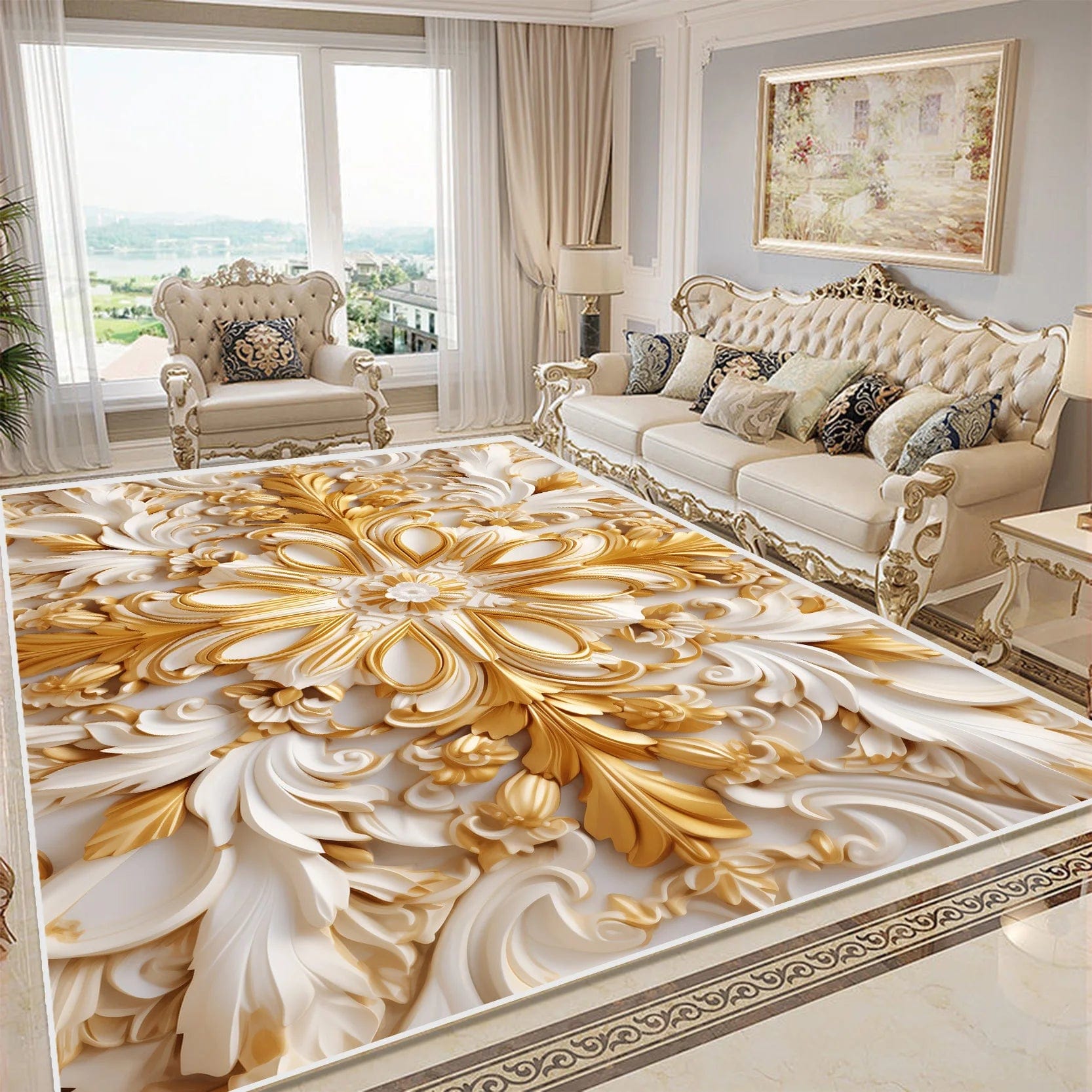 Canvanation OS4-Flannel-6 / 140x200cm 55x78.7in Tapis De Chambre - Fleurs Dorée 3D Luxe