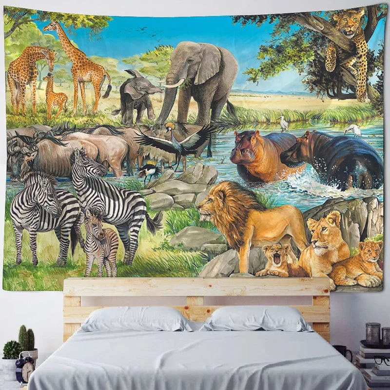 Canvanation Red / 400x200cm Tapisserie d'Art Jungle Oiseau – Scène Psychédélique