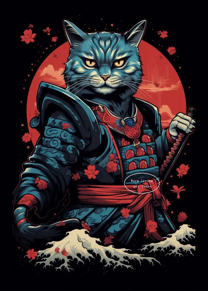 Canvanation 50X70cm / 10 Affiche Japonais Chat Samurai Katana Sakura