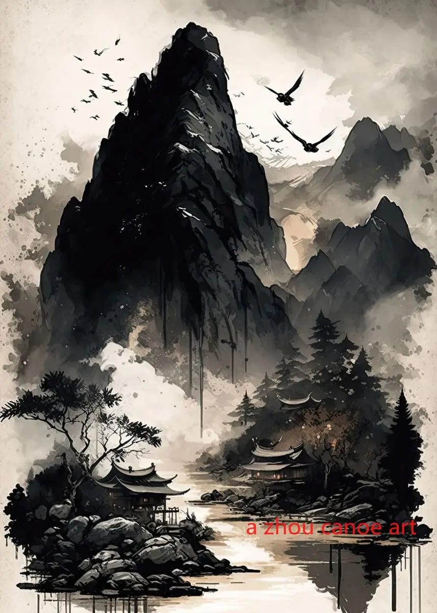 Canvanation 23 / 40X60cm Affiche Japonais Paysage Chinois Couple Oiseaux Forêt Montagne Rivière Poisson Carpe Koi