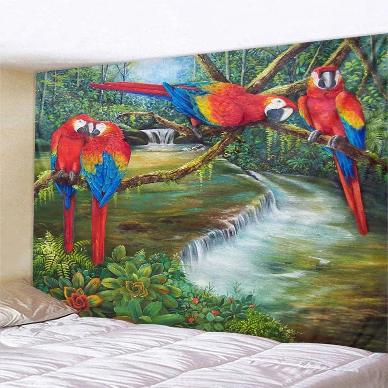 Canvanation Tapisserie d'Art Jungle Oiseau – Scène Psychédélique