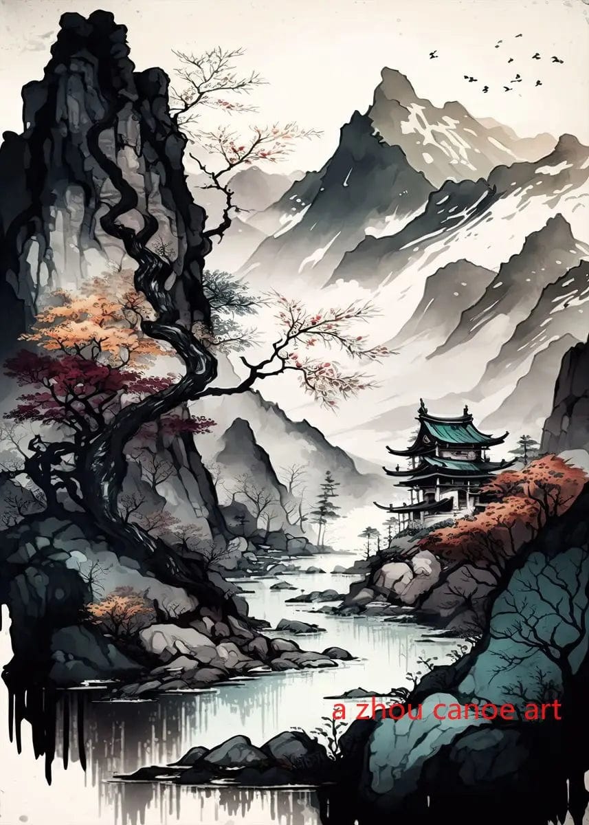 Canvanation 13 / 40X60cm Affiche Japonais Paysage Chinois Couple Oiseaux Forêt Montagne Rivière Poisson Carpe Koi
