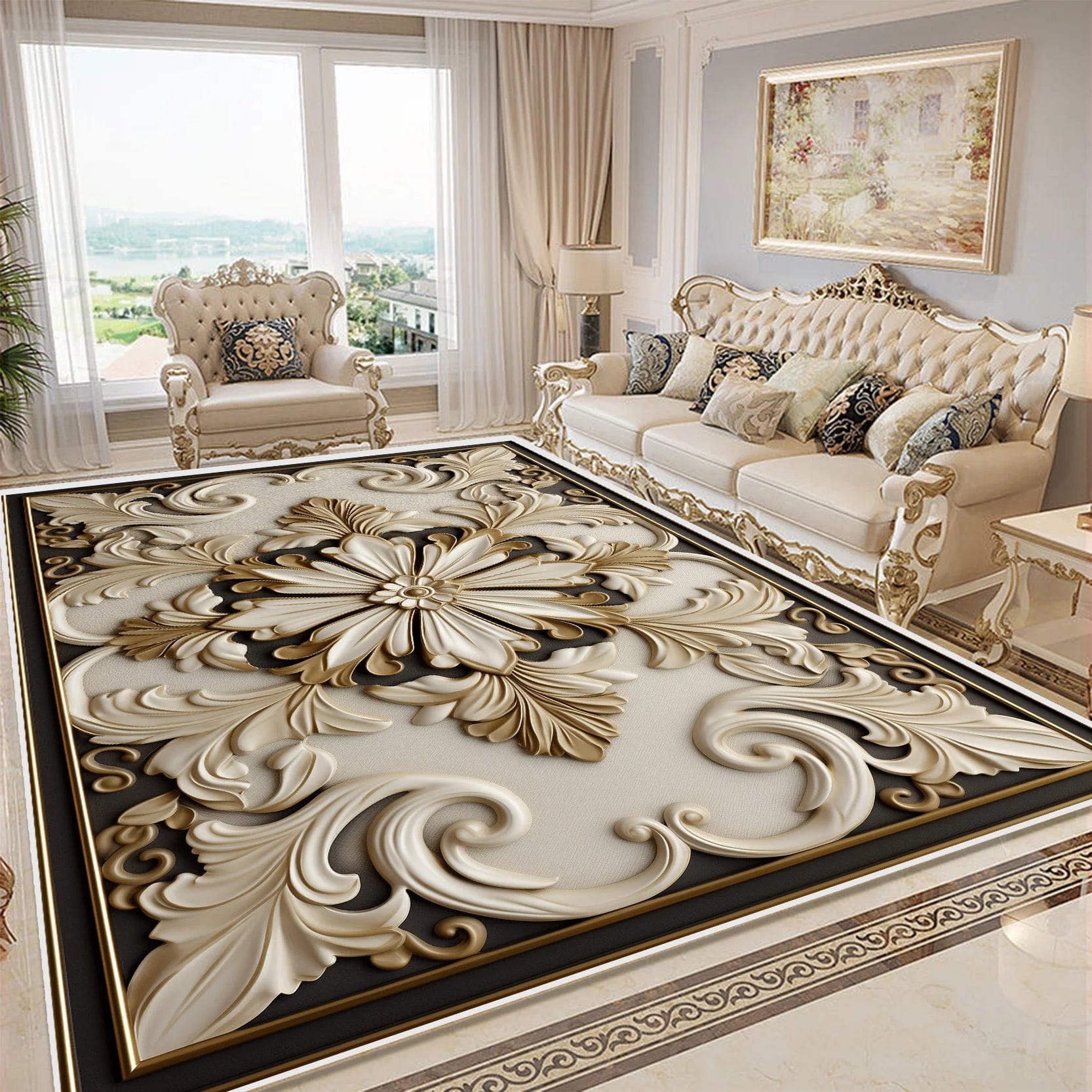 Canvanation OS4-Flannel-1 / 140x200cm 55x78.7in Tapis De Chambre - Fleurs Dorée 3D Luxe