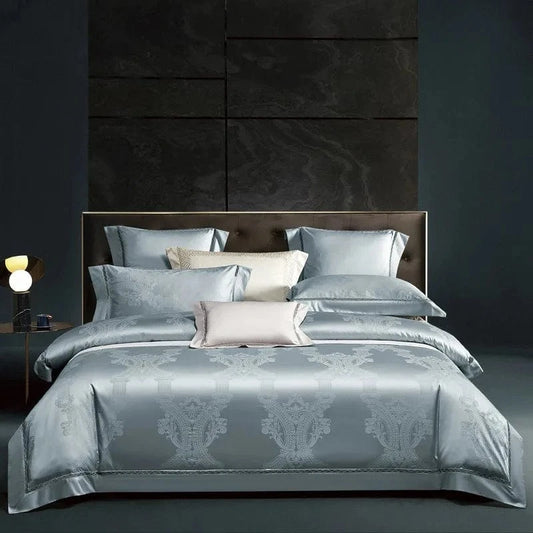 Canvanation IVANA - Drap Housse + Housse De Couette + Oreiller en coton égyptien de luxe Bleu Gris
