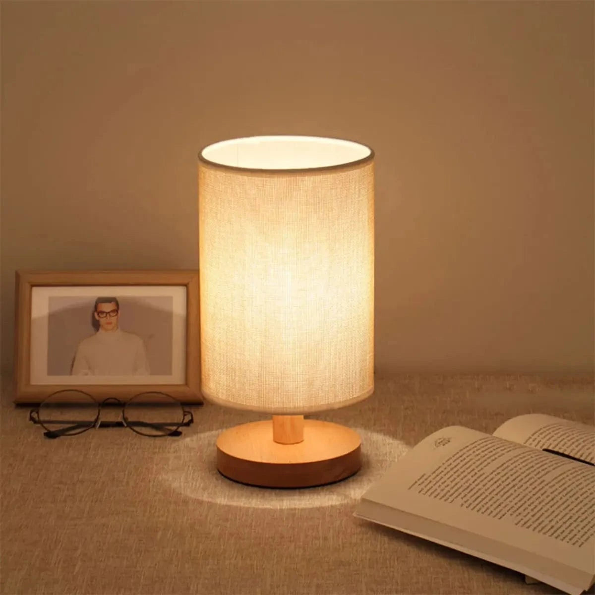 Canvanation Lampe de Chevet en Bois avec Abat-Jour en Lin – LED Tactile et USB