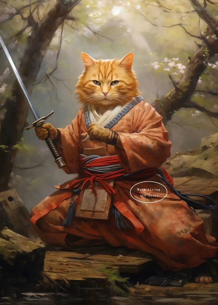 Canvanation 50X70cm / 18 Affiche Japonais Chat Samurai Katana Sakura