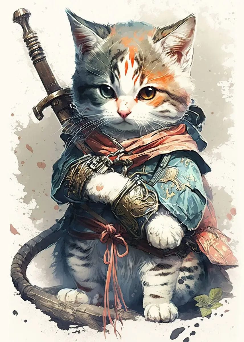 Canvanation 50X70cm / 1 Affiche Japonais Chat Samurai Katana Sakura