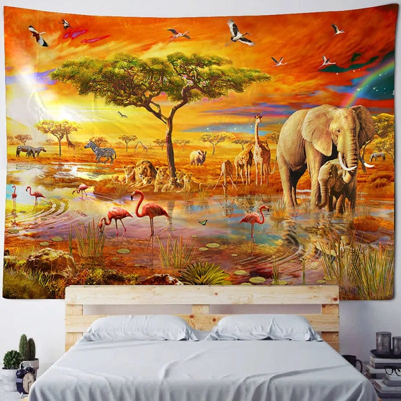 Canvanation transparent / 400x200cm Tapisserie d'Art Jungle Oiseau – Scène Psychédélique