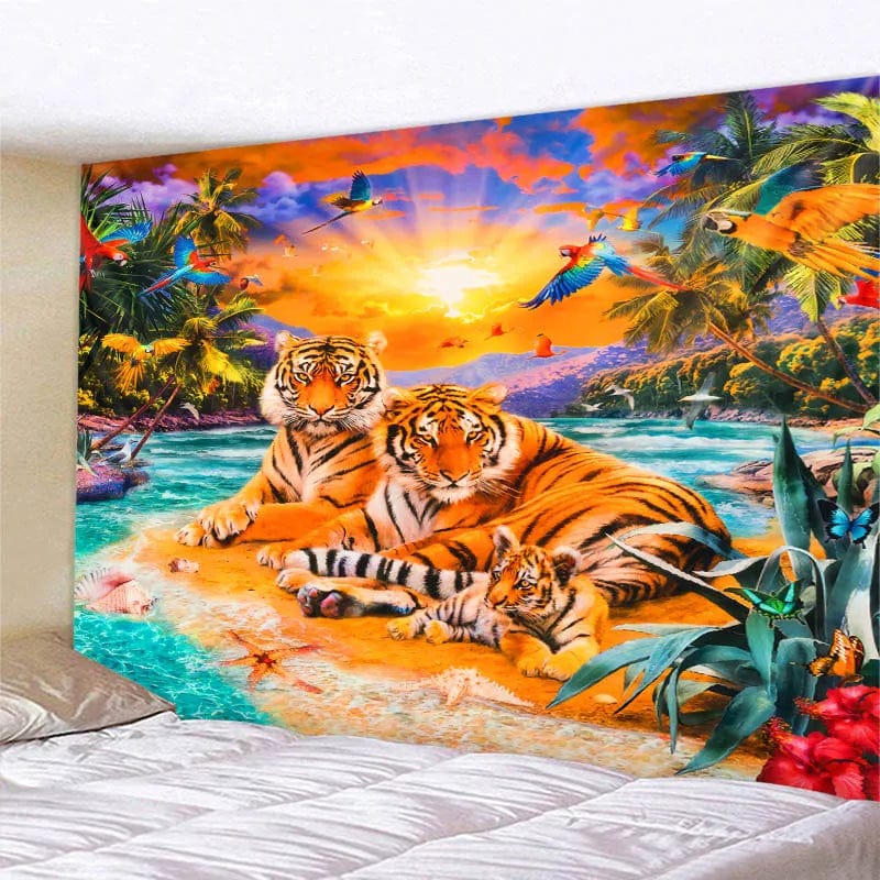 Canvanation Tapisserie d'Art Jungle Oiseau – Scène Psychédélique