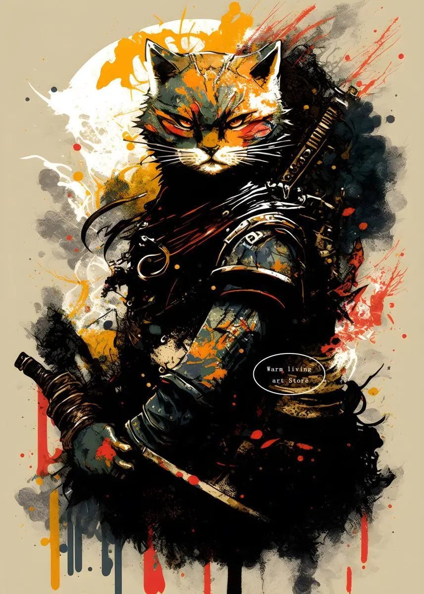 Canvanation 50X70cm / 20 Affiche Japonais Chat Samurai Katana Sakura