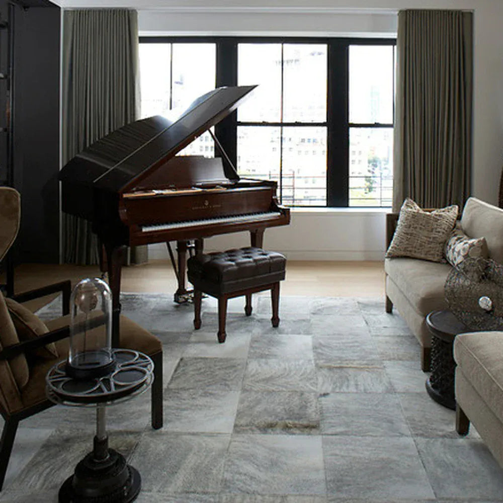 Canvanation Tapis Patchwork en Peau de Vache Naturel – Blanc, Beige & Gris, Véritable Cowhide pour Salon et Chambre